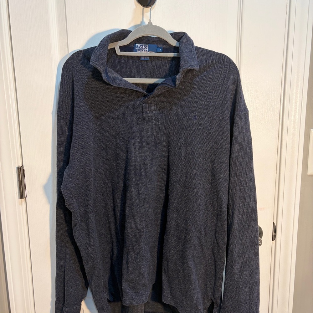 Polo Ralph Lauren Dark Gray Herringbone 100% Cotton Long Sleeve Polo Shirt L